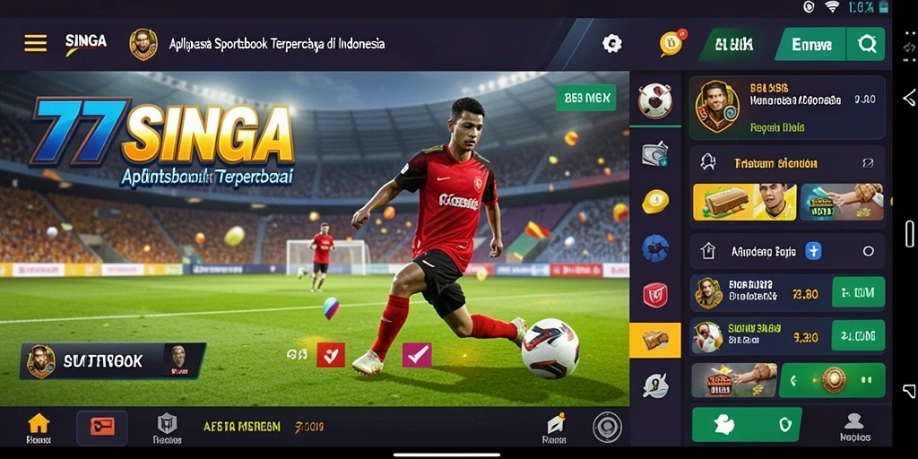 Screenshot menunjukkan antarmuka menarik dari aplikasi Sportsbook 77SINGA.