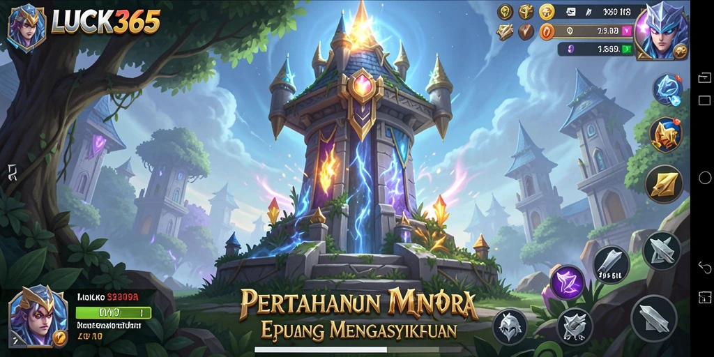 Tampilan gameplay LUCK365 dengan menara dan musuh yang dinamis.