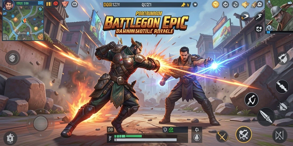 Screenshot gameplay QQ1221 menunjukkan pertempuran intens di arena Battle Royale.