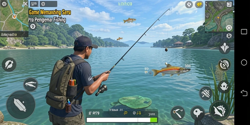 Screenshot menunjukkan pemain menangkap ikan besar dengan latar belakang indah.